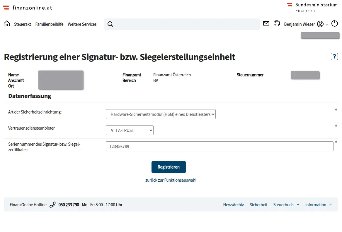 Registrierung einer Signatur- bzw. Siegelerstellungseinheit