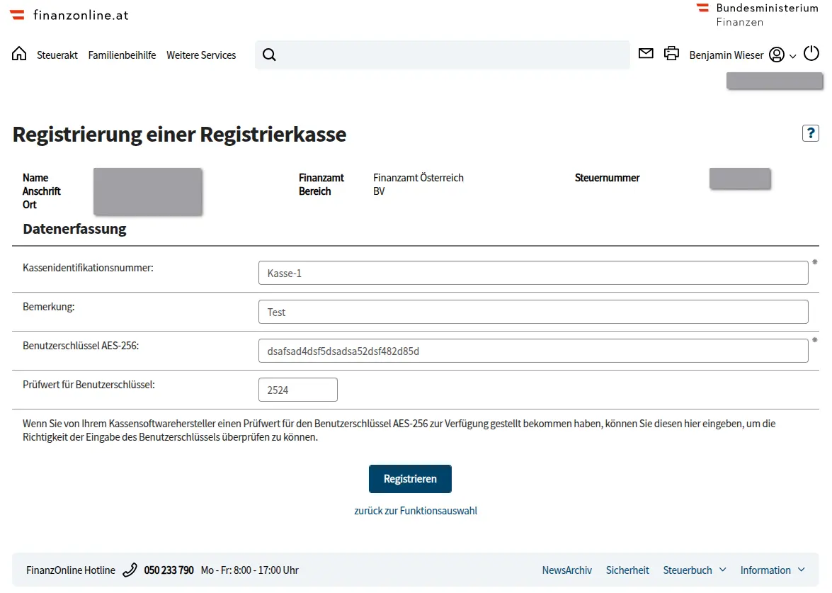 Registrierung einer Registrierkasse